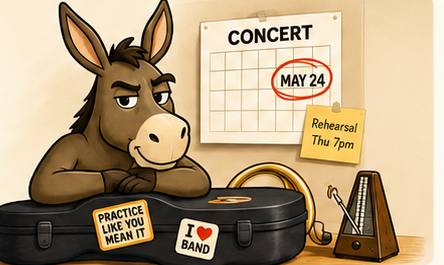 The donkey leaning on an instrument case beside a calendar with a concert circled