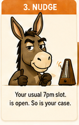 Level 3, Nudge: Your usual 7pm slot is open. So is your case.